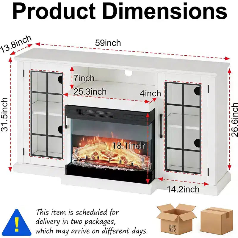 Coolmee 3 Sided Glass Electric Fireplace TV Stand for TVs Up to 65, Media Console with LED Light, Glass Door, Storage, Entertainment Center