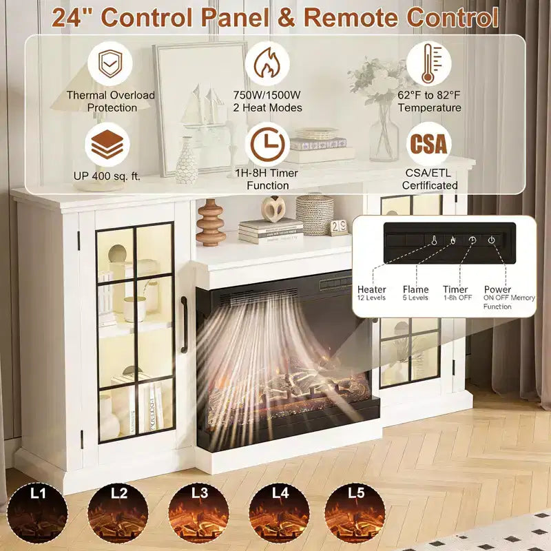 Coolmee 3 Sided Glass Electric Fireplace TV Stand for TVs Up to 65, Media Console with LED Light, Glass Door, Storage, Entertainment Center