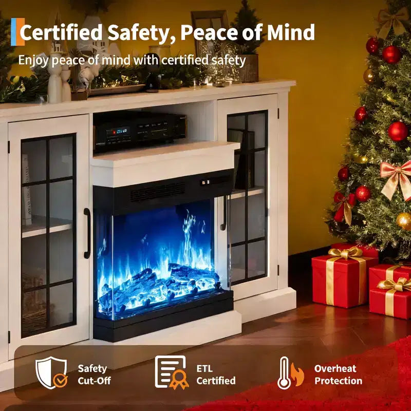 Coolmee 3 Sided Glass Electric Fireplace TV Stand for TVs Up to 65, Media Console with LED Light, Glass Door, Storage, Entertainment Center