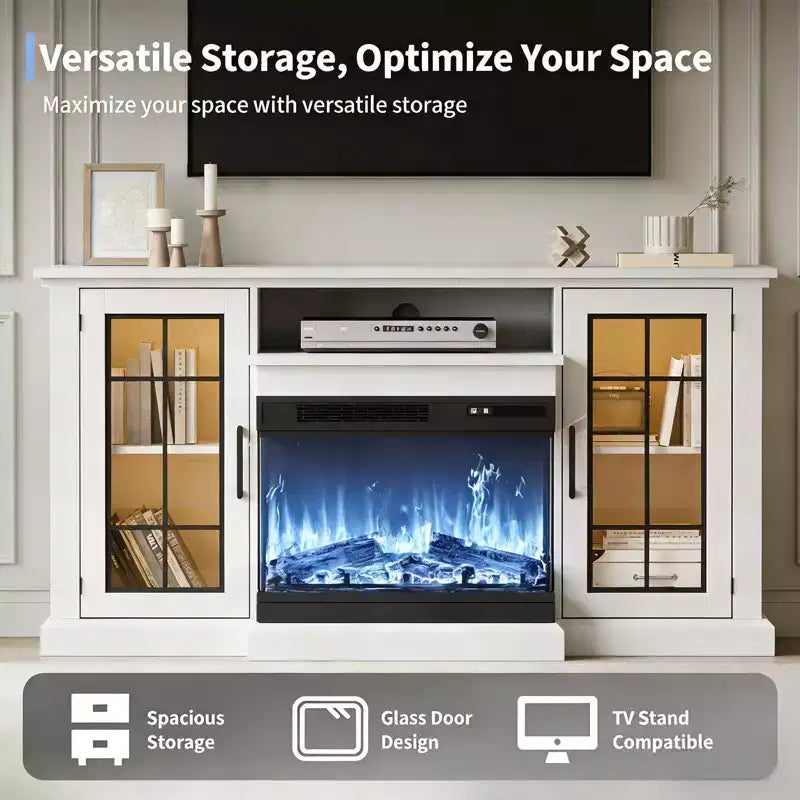 Coolmee 3 Sided Glass Electric Fireplace TV Stand for TVs Up to 65, Media Console with LED Light, Glass Door, Storage, Entertainment Center