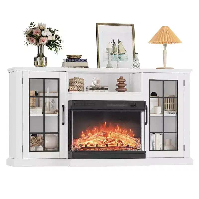 Coolmee 3 Sided Glass Electric Fireplace TV Stand for TVs Up to 65, Media Console with LED Light, Glass Door, Storage, Entertainment Center