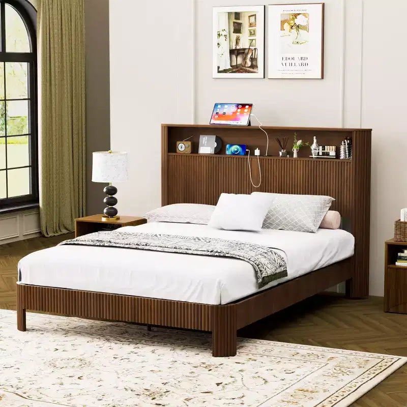 ModernLuxe Queen/Full XL Size Bed Frame with Storage Headboard, Built-in Charging Station, Wavy Design, Quiet Support