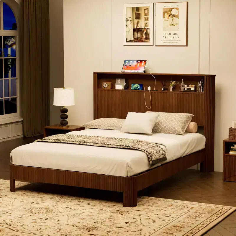 ModernLuxe Queen/Full XL Size Bed Frame with Storage Headboard, Built-in Charging Station, Wavy Design, Quiet Support