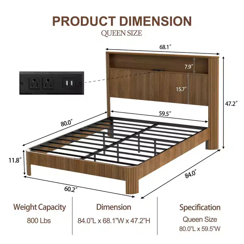 ModernLuxe Queen/Full XL Size Bed Frame with Storage Headboard, Built-in Charging Station, Wavy Design, Quiet Support