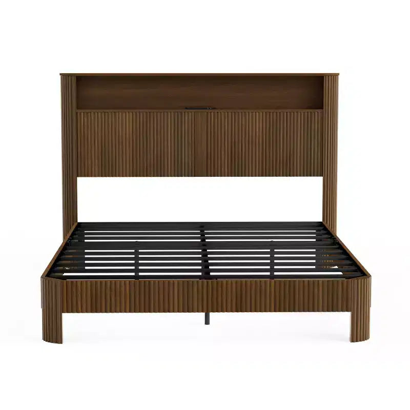 ModernLuxe Queen/Full XL Size Bed Frame with Storage Headboard, Built-in Charging Station, Wavy Design, Quiet Support
