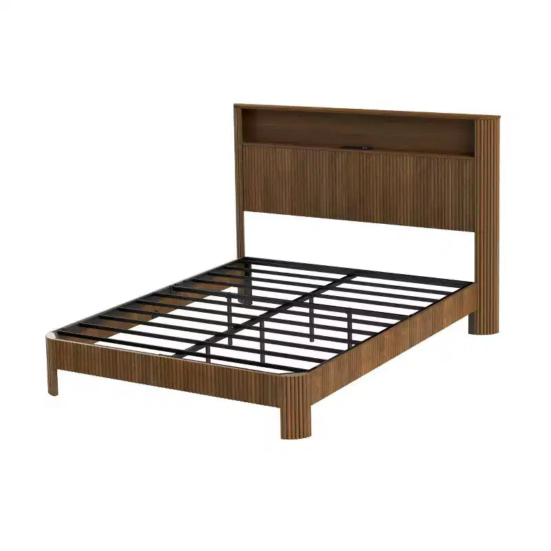 ModernLuxe Queen/Full XL Size Bed Frame with Storage Headboard, Built-in Charging Station, Wavy Design, Quiet Support