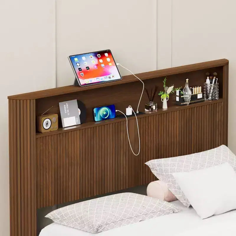 ModernLuxe Queen/Full XL Size Bed Frame with Storage Headboard, Built-in Charging Station, Wavy Design, Quiet Support