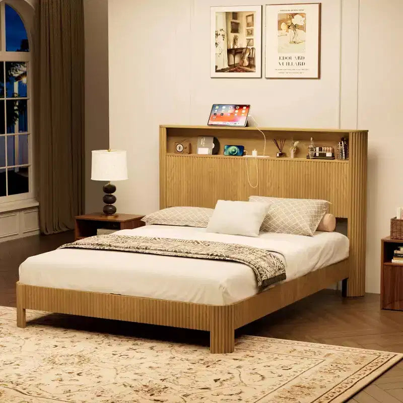 ModernLuxe Queen/Full XL Size Bed Frame with Storage Headboard, Built-in Charging Station, Wavy Design, Quiet Support