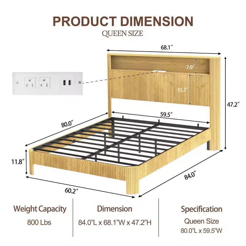 ModernLuxe Queen/Full XL Size Bed Frame with Storage Headboard, Built-in Charging Station, Wavy Design, Quiet Support