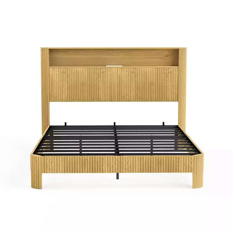 ModernLuxe Queen/Full XL Size Bed Frame with Storage Headboard, Built-in Charging Station, Wavy Design, Quiet Support