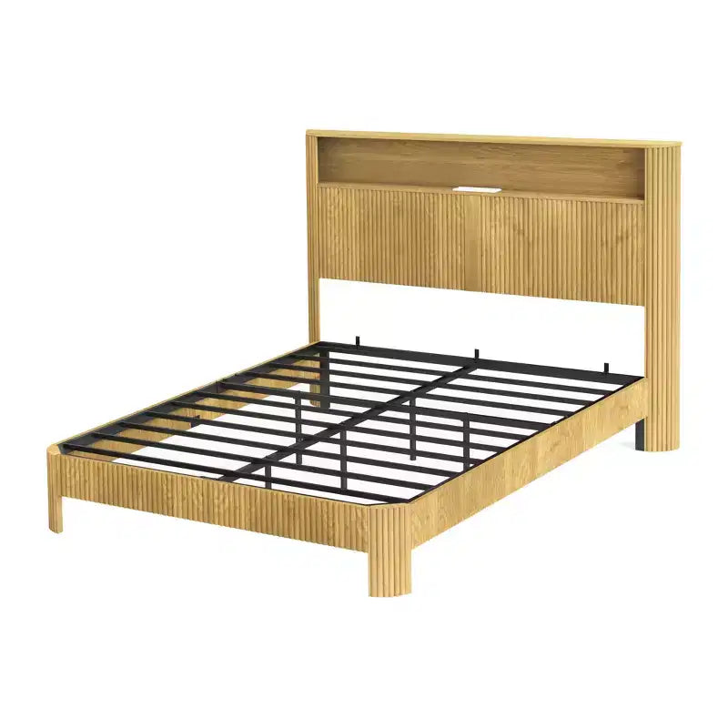 ModernLuxe Queen/Full XL Size Bed Frame with Storage Headboard, Built-in Charging Station, Wavy Design, Quiet Support