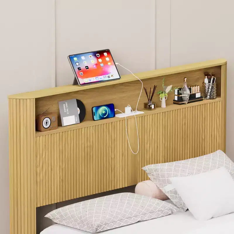 ModernLuxe Queen/Full XL Size Bed Frame with Storage Headboard, Built-in Charging Station, Wavy Design, Quiet Support