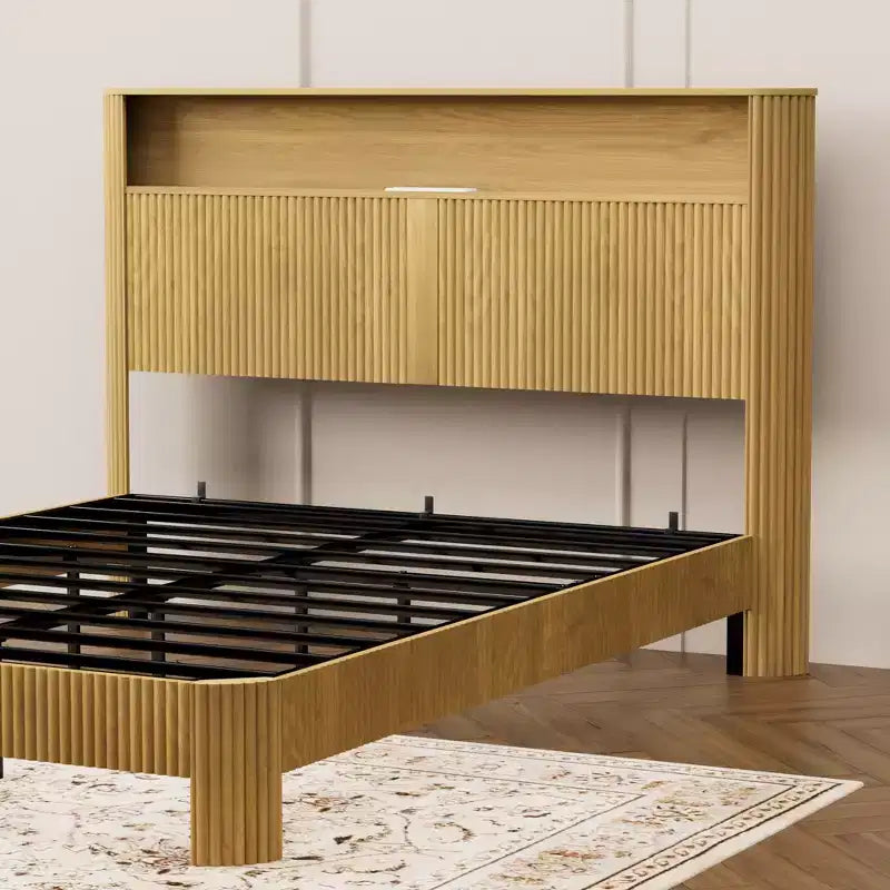ModernLuxe Queen/Full XL Size Bed Frame with Storage Headboard, Built-in Charging Station, Wavy Design, Quiet Support