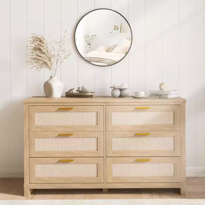 6 Drawer Rattan Dresser for Bedroom, Boho Modern Wood Dressers Chest with Ample Storage, 6-Drawer Chest of Drawers for Closet & Living Room, Natural