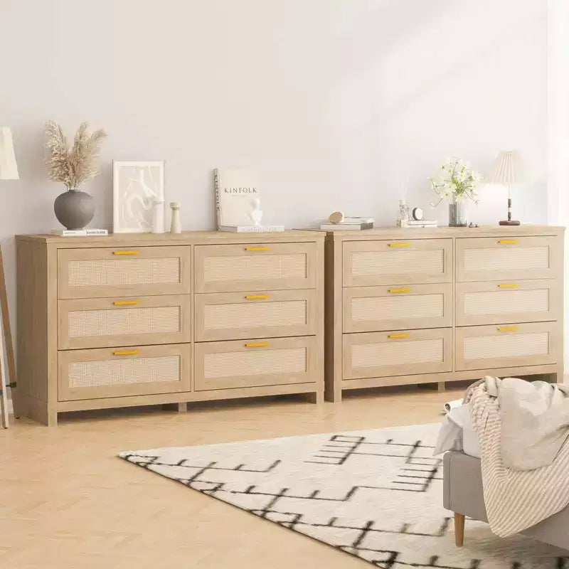 6 Drawer Rattan Dresser for Bedroom, Boho Modern Wood Dressers Chest with Ample Storage, 6-Drawer Chest of Drawers for Closet & Living Room, Natural