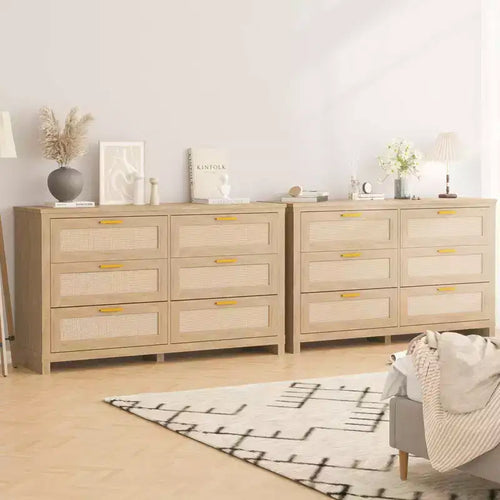 6 Drawer Rattan Dresser for Bedroom, Boho Modern Wood Dressers Chest with Ample Storage, 6-Drawer Chest of Drawers for Closet & Living Room, Natural