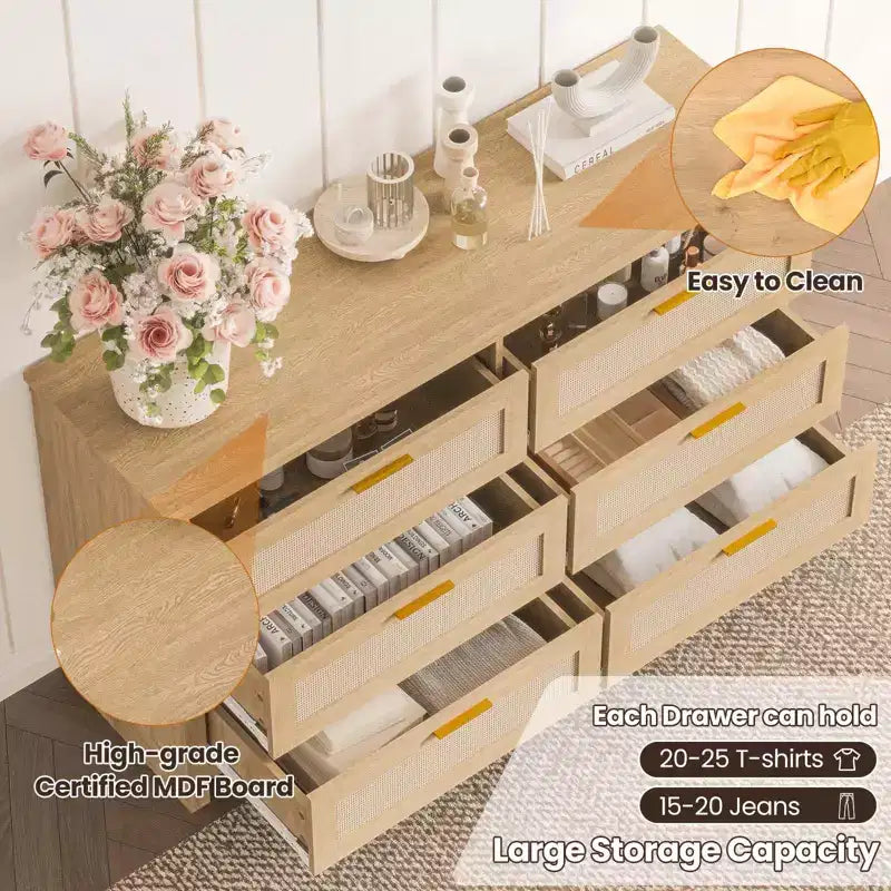 6 Drawer Rattan Dresser for Bedroom, Boho Modern Wood Dressers Chest with Ample Storage, 6-Drawer Chest of Drawers for Closet & Living Room, Natural