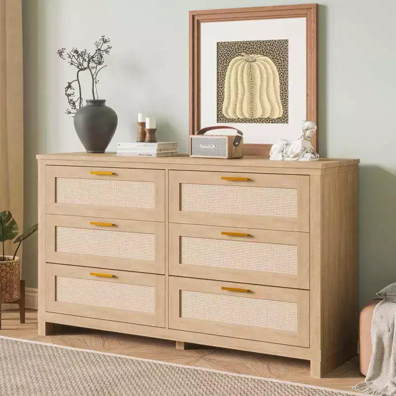 6 Drawer Rattan Dresser for Bedroom, Boho Modern Wood Dressers Chest with Ample Storage, 6-Drawer Chest of Drawers for Closet & Living Room, Natural