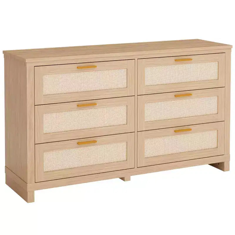 6 Drawer Rattan Dresser for Bedroom, Boho Modern Wood Dressers Chest with Ample Storage, 6-Drawer Chest of Drawers for Closet & Living Room, Natural