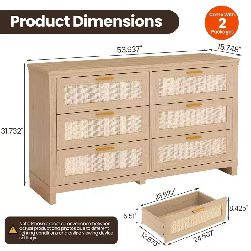 6 Drawer Rattan Dresser for Bedroom, Boho Modern Wood Dressers Chest with Ample Storage, 6-Drawer Chest of Drawers for Closet & Living Room, Natural