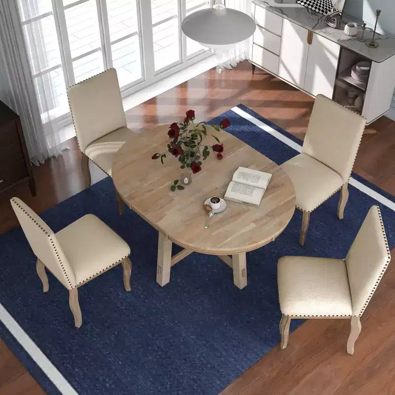 GDFStudio Dana 5 Piece Dining Table Set with Round Extendable Table and Upholstered Chairs