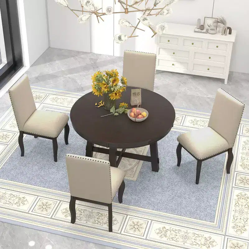 GDFStudio Dana 5 Piece Dining Table Set with Round Extendable Table and Upholstered Chairs