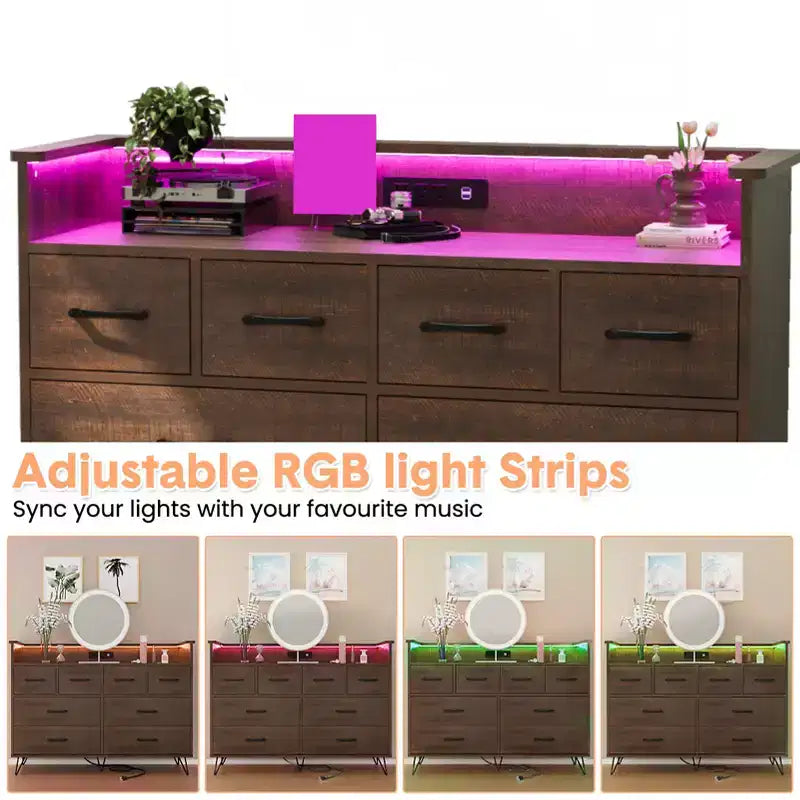 8 Drawer Dresser, Dresser TV Stand for Bedroom with LED Lights and Power Outlet, Wide Chest of Drawers for Hallway, Living Room, Entryway
