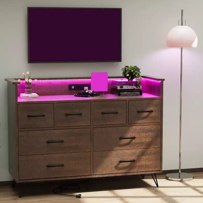 8 Drawer Dresser, Dresser TV Stand for Bedroom with LED Lights and Power Outlet, Wide Chest of Drawers for Hallway, Living Room, Entryway