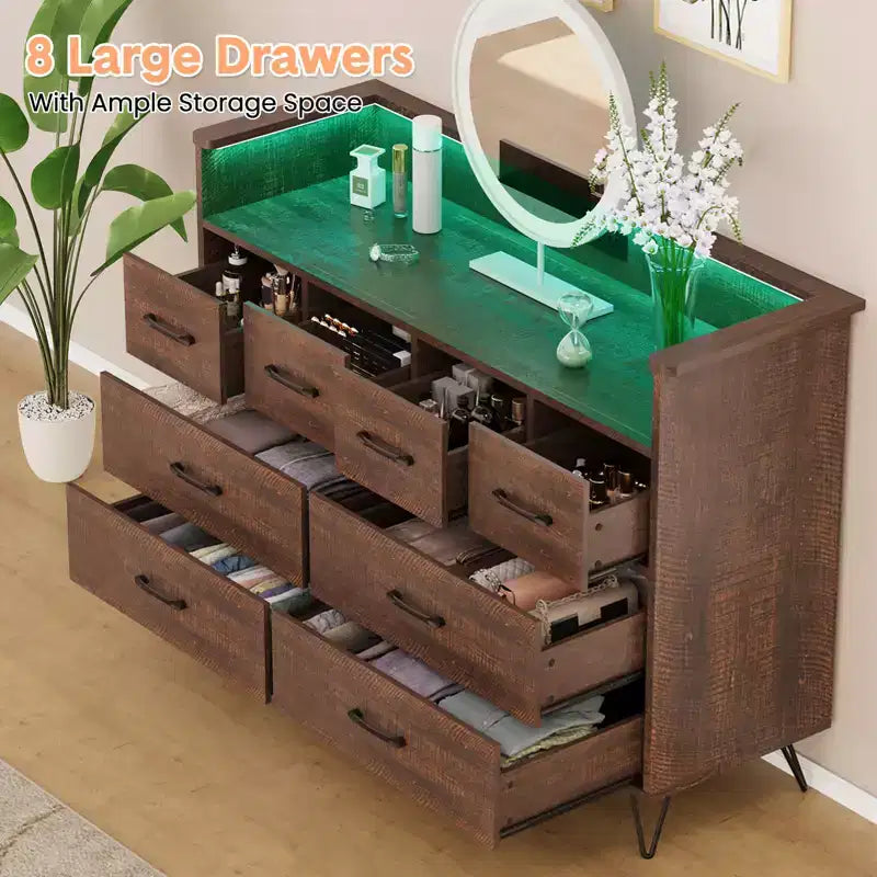 8 Drawer Dresser, Dresser TV Stand for Bedroom with LED Lights and Power Outlet, Wide Chest of Drawers for Hallway, Living Room, Entryway