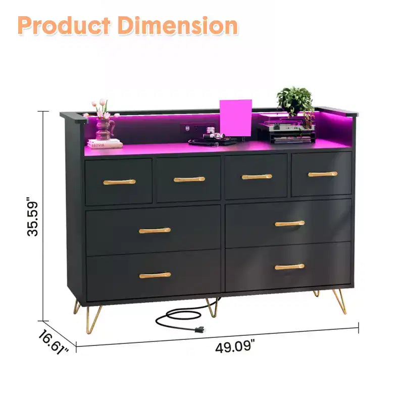 8 Drawer Dresser, Dresser TV Stand for Bedroom with LED Lights and Power Outlet, Wide Chest of Drawers for Hallway, Living Room, Entryway