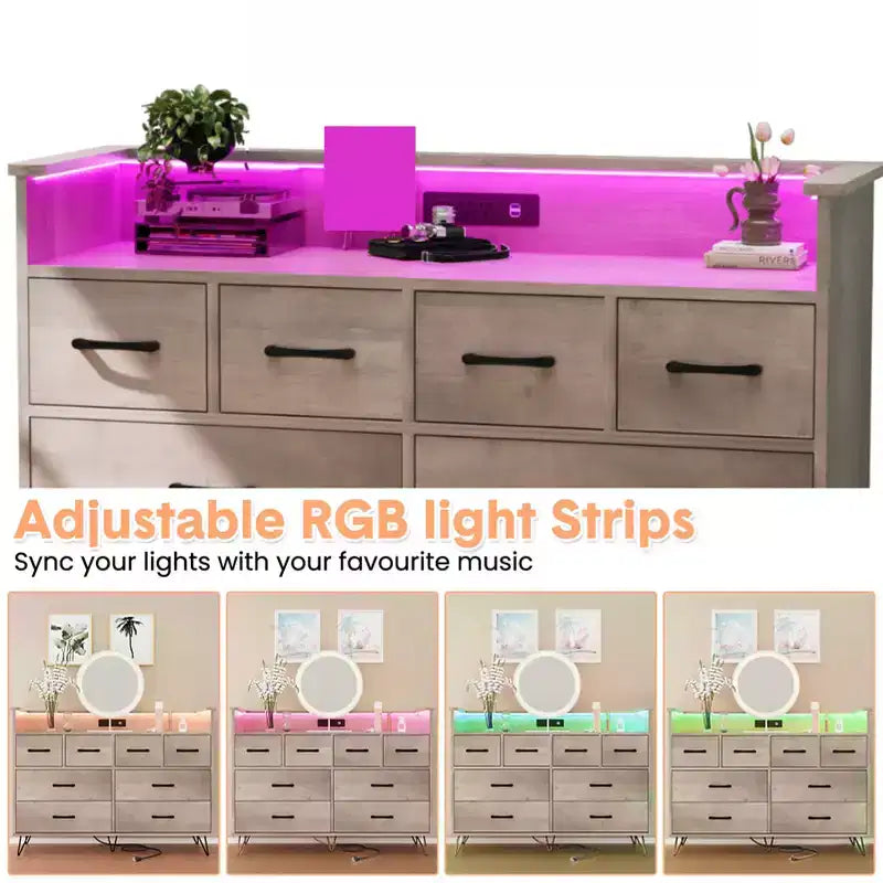 8 Drawer Dresser, Dresser TV Stand for Bedroom with LED Lights and Power Outlet, Wide Chest of Drawers for Hallway, Living Room, Entryway