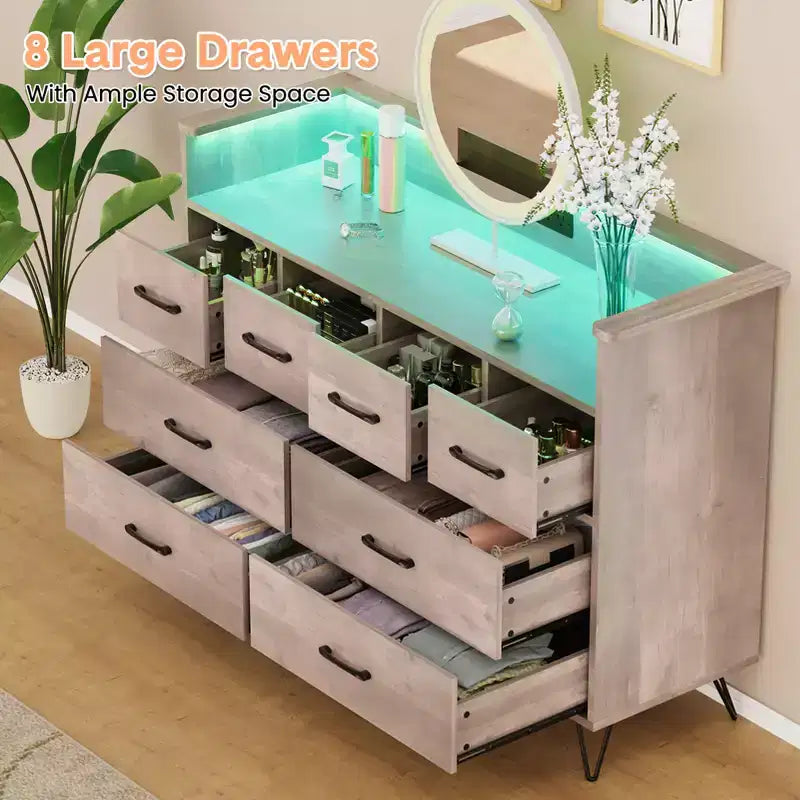 8 Drawer Dresser, Dresser TV Stand for Bedroom with LED Lights and Power Outlet, Wide Chest of Drawers for Hallway, Living Room, Entryway