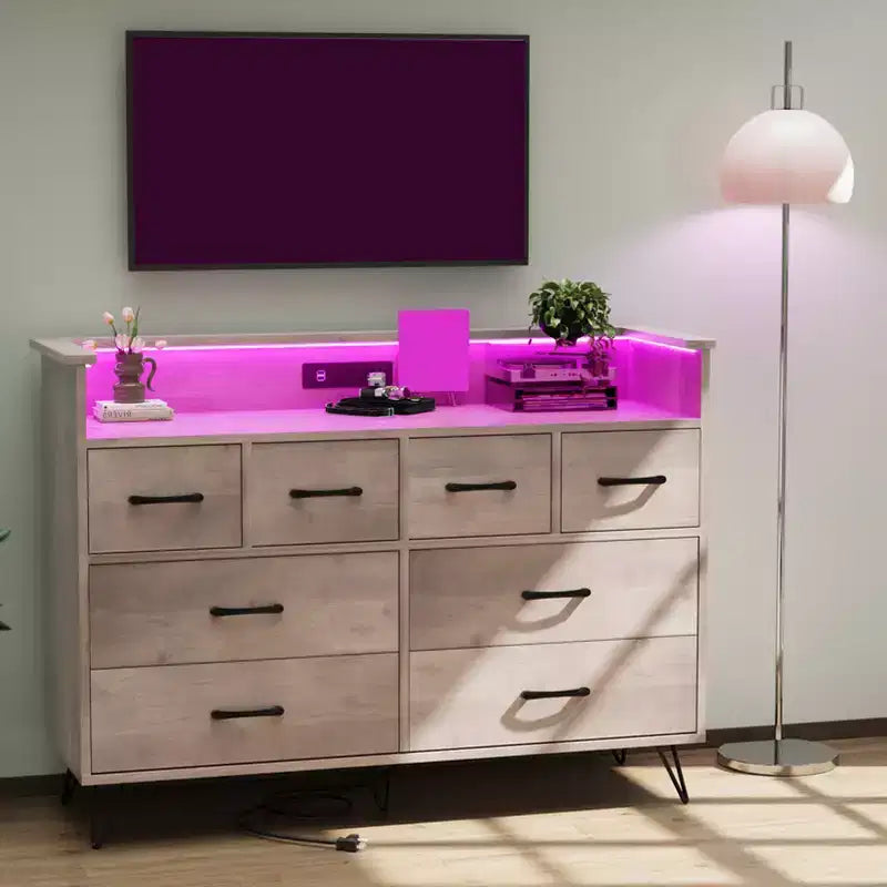 8 Drawer Dresser, Dresser TV Stand for Bedroom with LED Lights and Power Outlet, Wide Chest of Drawers for Hallway, Living Room, Entryway