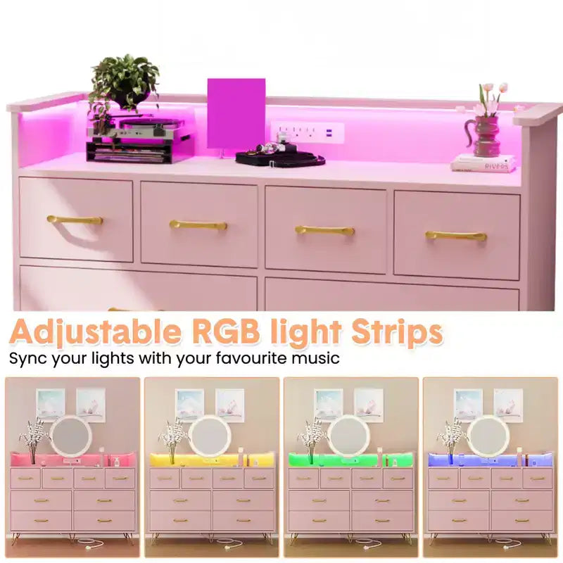 8 Drawer Dresser, Dresser TV Stand for Bedroom with LED Lights and Power Outlet, Wide Chest of Drawers for Hallway, Living Room, Entryway