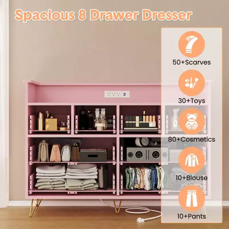 8 Drawer Dresser, Dresser TV Stand for Bedroom with LED Lights and Power Outlet, Wide Chest of Drawers for Hallway, Living Room, Entryway