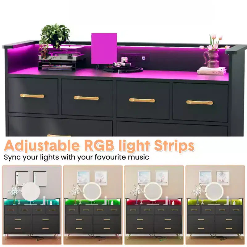 8 Drawer Dresser, Dresser TV Stand for Bedroom with LED Lights and Power Outlet, Wide Chest of Drawers for Hallway, Living Room, Entryway
