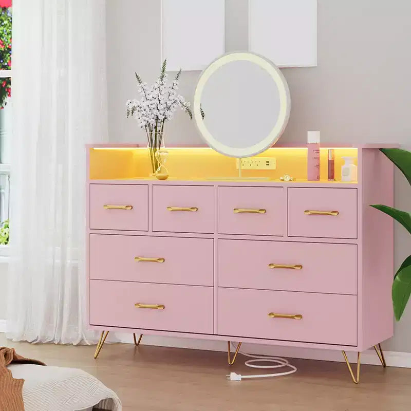 8 Drawer Dresser, Dresser TV Stand for Bedroom with LED Lights and Power Outlet, Wide Chest of Drawers for Hallway, Living Room, Entryway