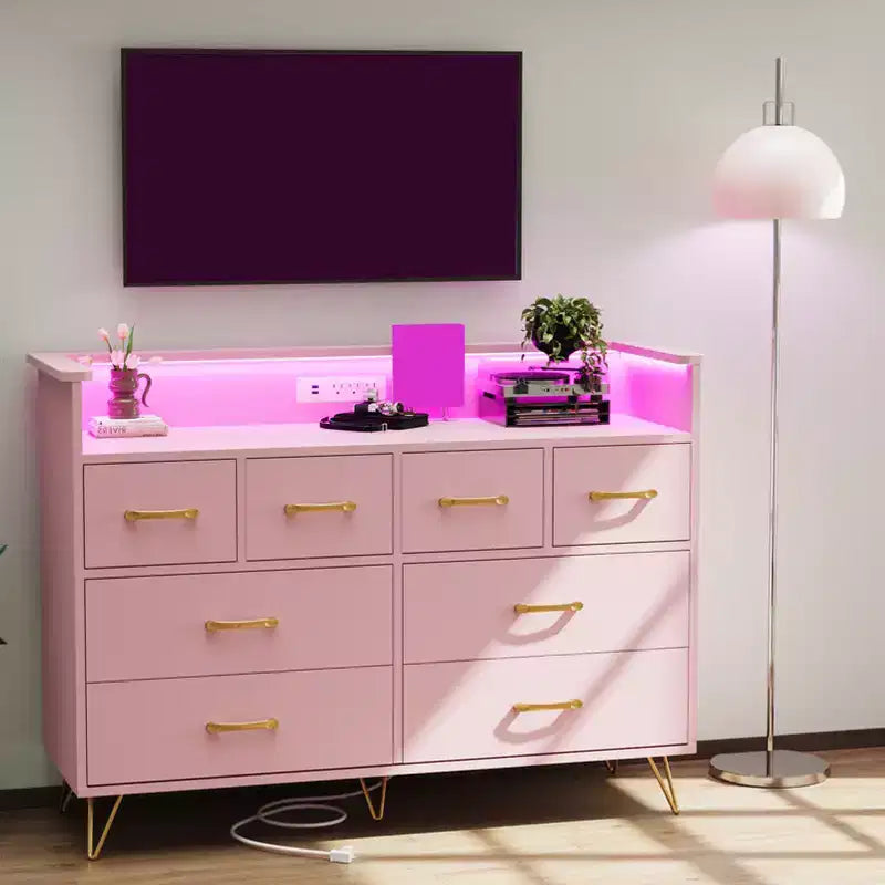 8 Drawer Dresser, Dresser TV Stand for Bedroom with LED Lights and Power Outlet, Wide Chest of Drawers for Hallway, Living Room, Entryway