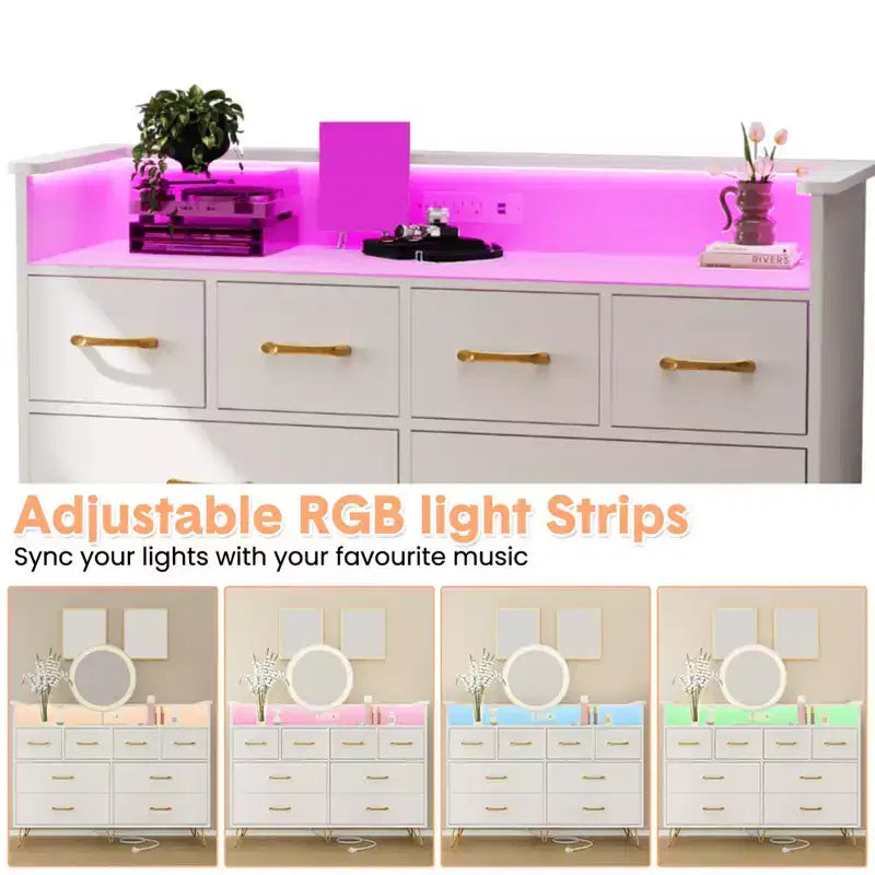 8 Drawer Dresser, Dresser TV Stand for Bedroom with LED Lights and Power Outlet, Wide Chest of Drawers for Hallway, Living Room, Entryway