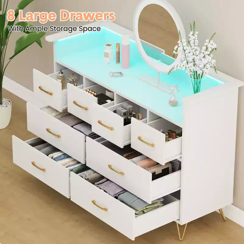 8 Drawer Dresser, Dresser TV Stand for Bedroom with LED Lights and Power Outlet, Wide Chest of Drawers for Hallway, Living Room, Entryway