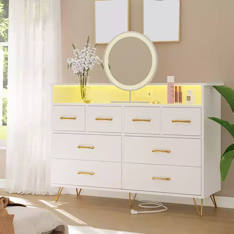 8 Drawer Dresser, Dresser TV Stand for Bedroom with LED Lights and Power Outlet, Wide Chest of Drawers for Hallway, Living Room, Entryway