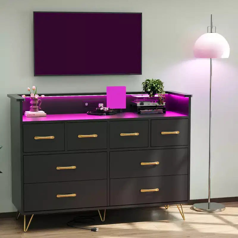 8 Drawer Dresser, Dresser TV Stand for Bedroom with LED Lights and Power Outlet, Wide Chest of Drawers for Hallway, Living Room, Entryway