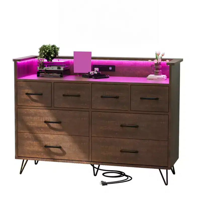 8 Drawer Dresser, Dresser TV Stand for Bedroom with LED Lights and Power Outlet, Wide Chest of Drawers for Hallway, Living Room, Entryway