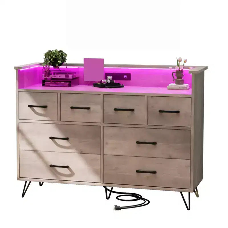 8 Drawer Dresser, Dresser TV Stand for Bedroom with LED Lights and Power Outlet, Wide Chest of Drawers for Hallway, Living Room, Entryway