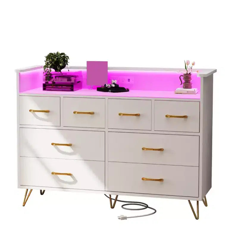 8 Drawer Dresser, Dresser TV Stand for Bedroom with LED Lights and Power Outlet, Wide Chest of Drawers for Hallway, Living Room, Entryway