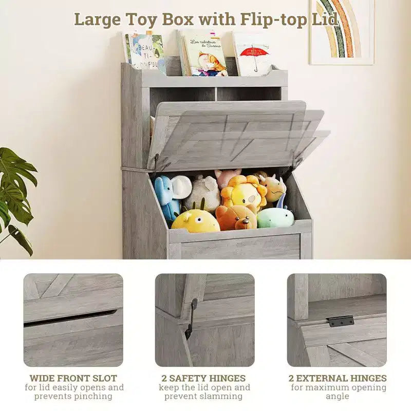 Coolmee 47.8 inch Wooden Kids Bookcase with Flip-Top Lid, Boys Girls Toy Storage Organizer for Playroom, Bedroom, Nursery, and Kindergarten