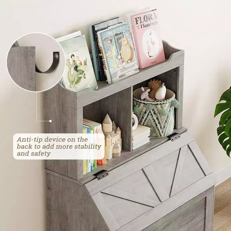 Coolmee 47.8 inch Wooden Kids Bookcase with Flip-Top Lid, Boys Girls Toy Storage Organizer for Playroom, Bedroom, Nursery, and Kindergarten