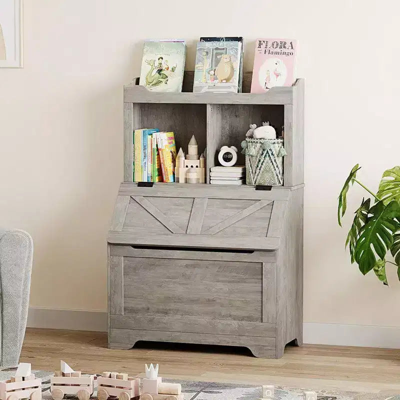 Coolmee 47.8 inch Wooden Kids Bookcase with Flip-Top Lid, Boys Girls Toy Storage Organizer for Playroom, Bedroom, Nursery, and Kindergarten