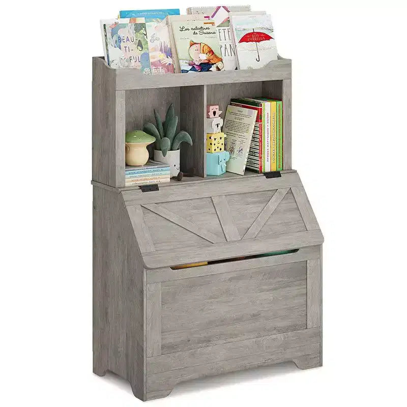 Coolmee 47.8 inch Wooden Kids Bookcase with Flip-Top Lid, Boys Girls Toy Storage Organizer for Playroom, Bedroom, Nursery, and Kindergarten