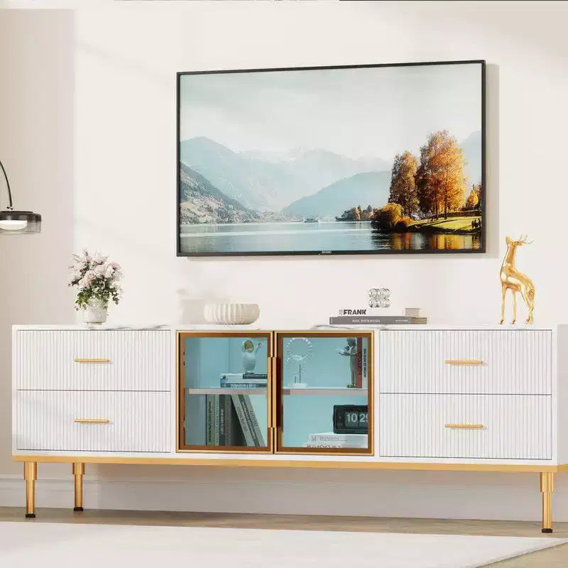 LED Lighted TV Stand for 55-75 TVs, Modern Entertainment Center with Drawers & Shelves, Glass Doors Living Room Furniture